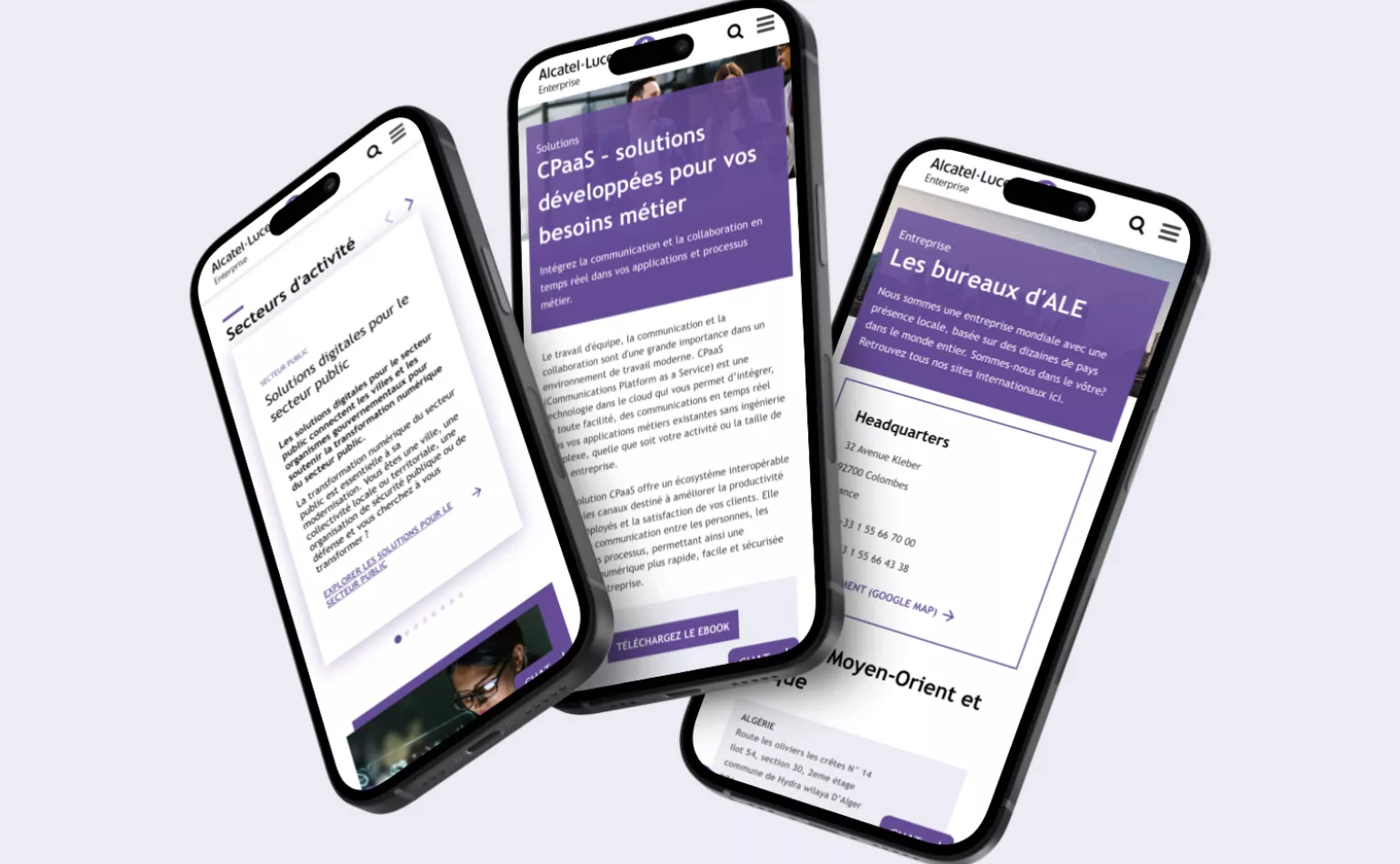 Version mobile responsive de la plateforme d'Alcatel Lucent, configurée pour sécuriser l'accès aux contenus et au catalogue e-commerce.