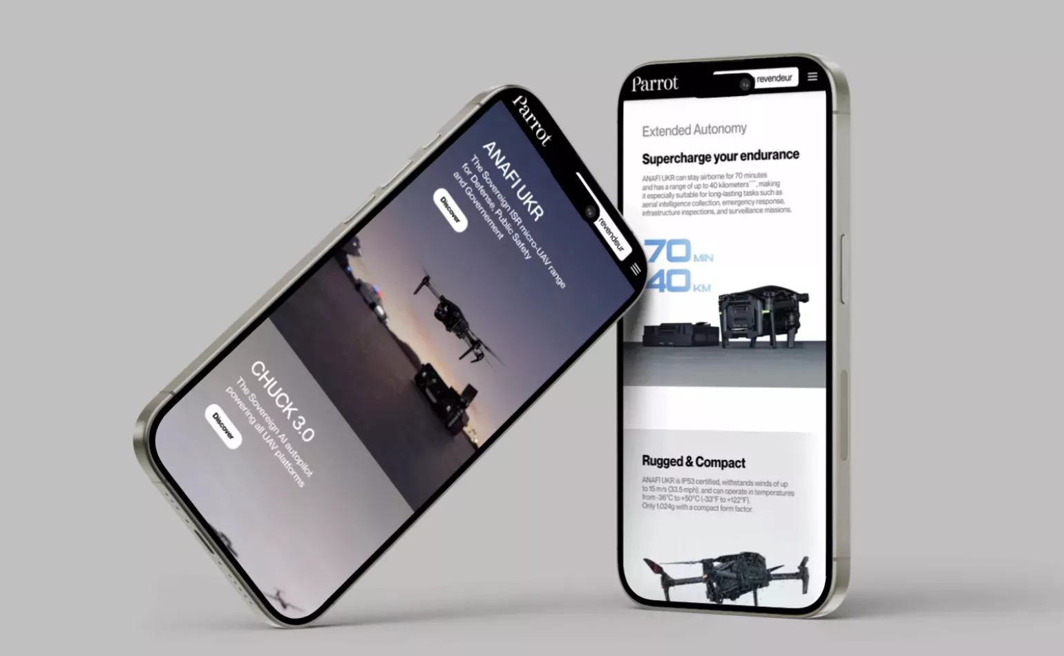 Version mobile responsive du site de Parrot, configurée pour améliorer l'expérience utilisateur.