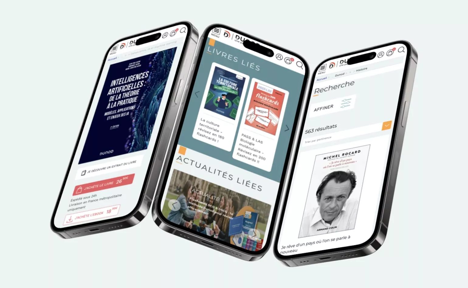 Version mobile responsive du site Drupal de Dunod, optimisée pour l'expérience utilisateur par AODB.