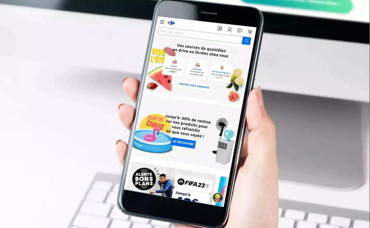 Version mobile responsive du site de Carrefour, optimisée pour les performances en e-commerce alimentaire par AODB.