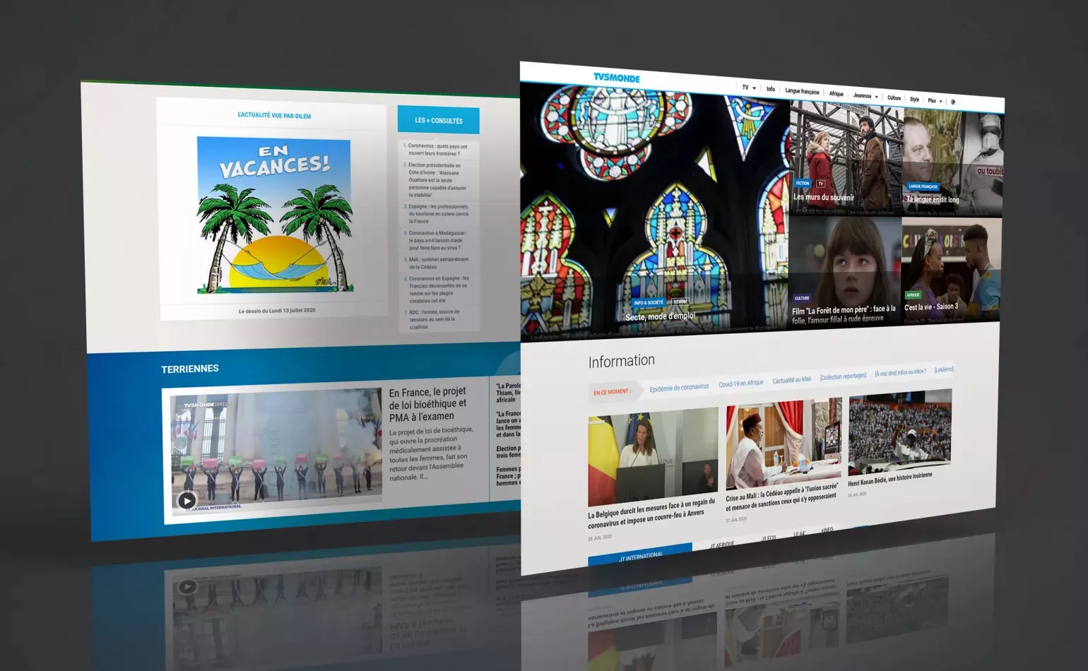 Version mobile responsive du site de TV5 Monde, optimisée pour regarder la télévision en streaming et la vidéo à la demande.