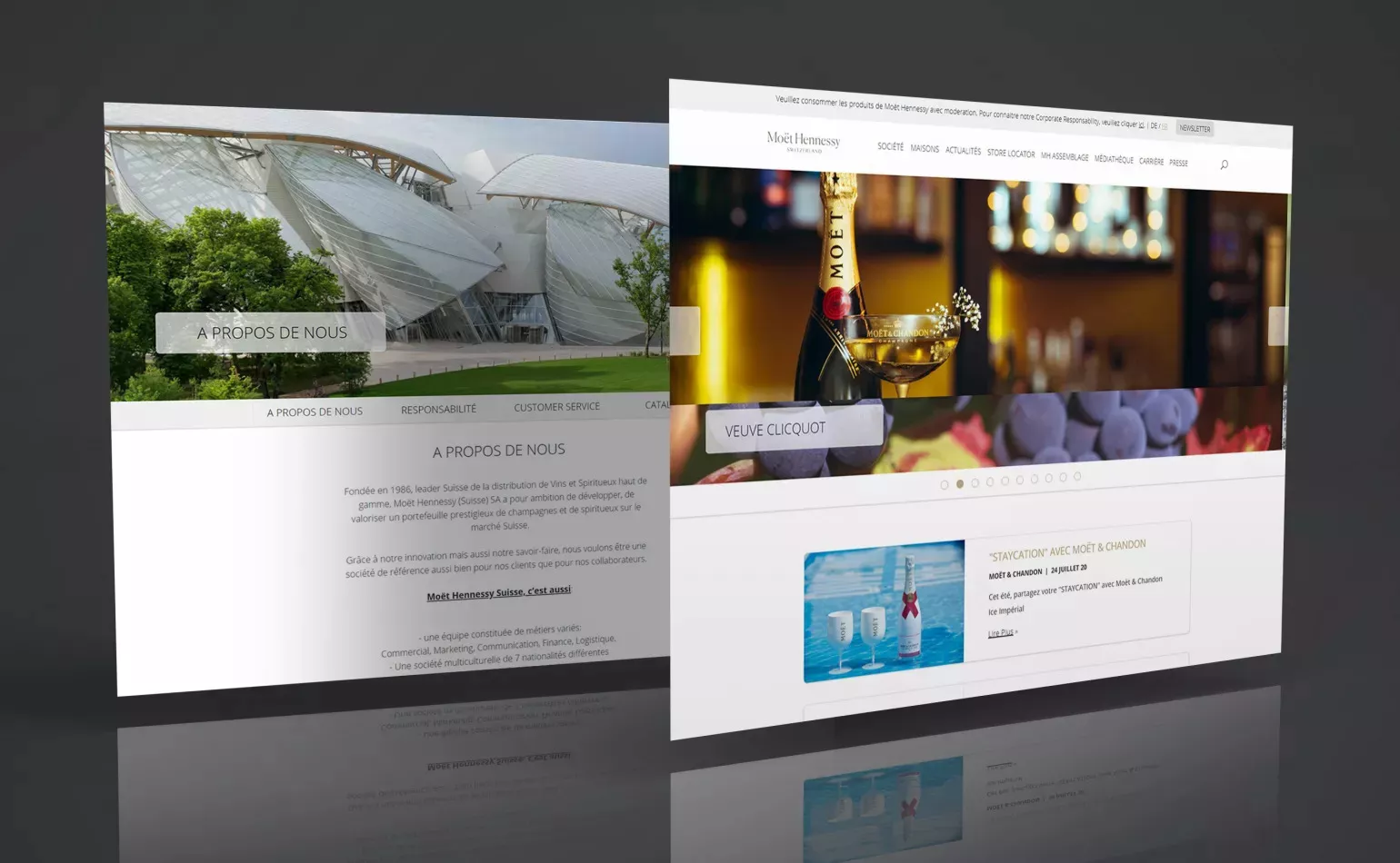 Version mobile responsive de la plateforme Moët Hennessy, optimisée pour la gouvernance éditoriale multi-marques par AODB.